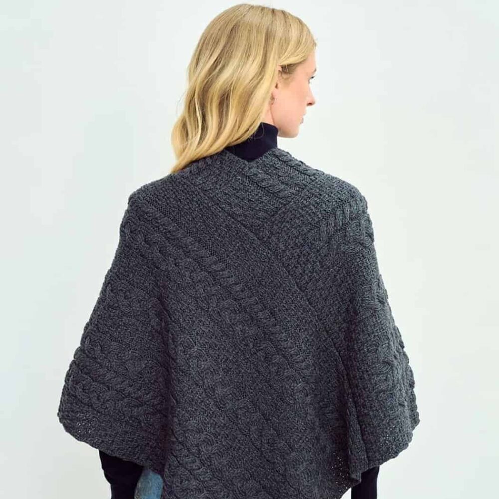 Ladies Cable Knit Poncho With Buttons - Charcoal