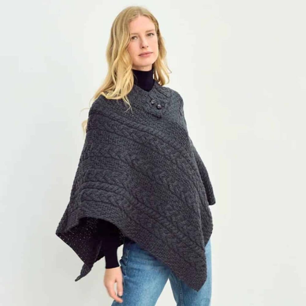 Ladies Cable Knit Poncho With Buttons - Charcoal