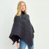 Ladies Cable Knit Poncho With Buttons - Charcoal