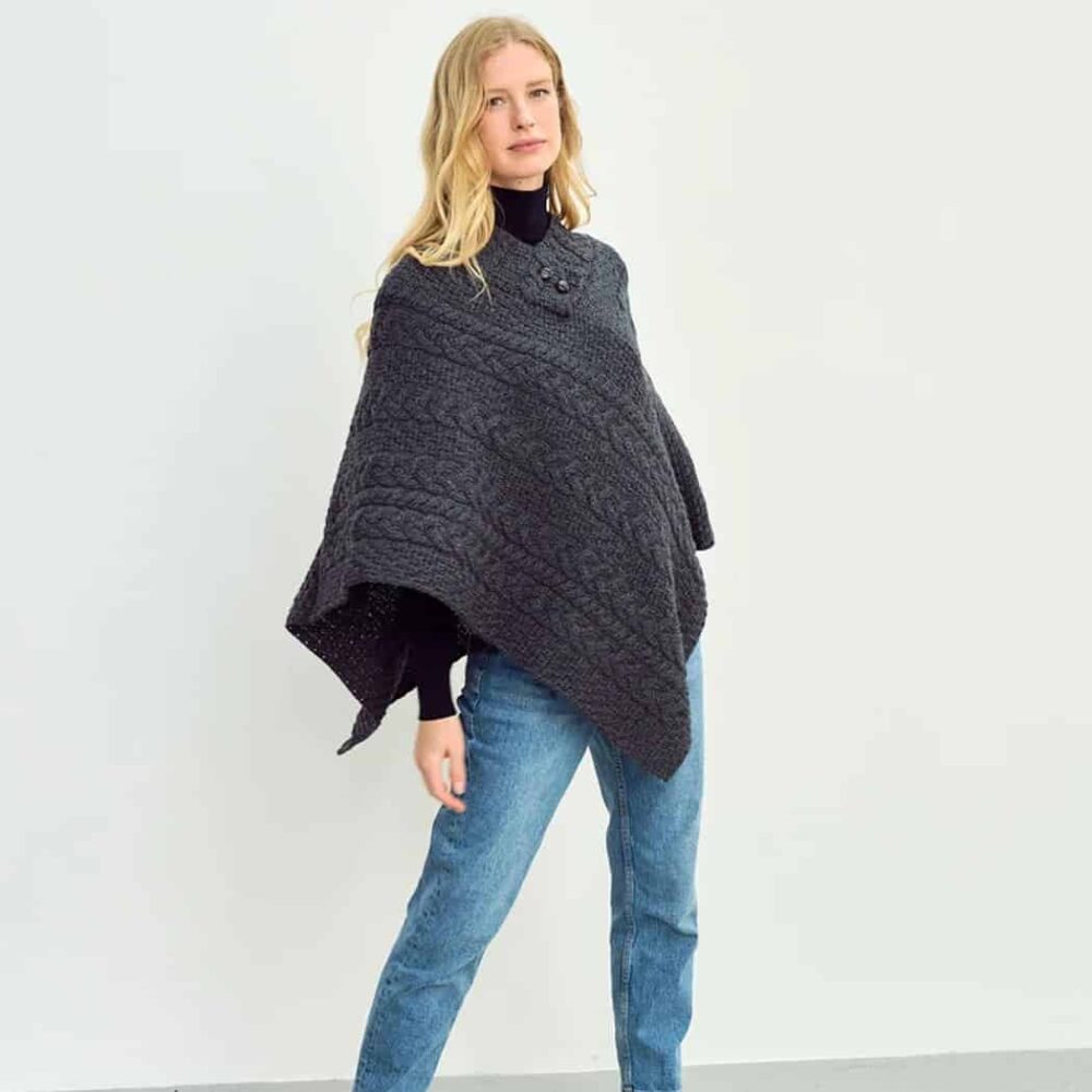 Ladies Cable Knit Poncho With Buttons - Charcoal