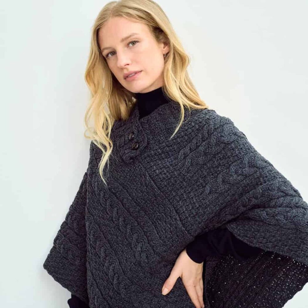 Ladies Cable Knit Poncho With Buttons - Charcoal