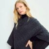 Ladies Cable Knit Poncho With Buttons - Charcoal - Image 3