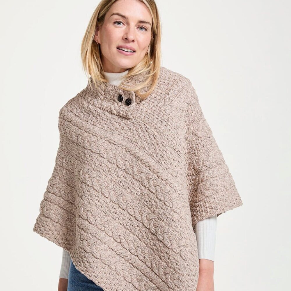 Ladies Cable Knit Poncho With Buttons - Wicker