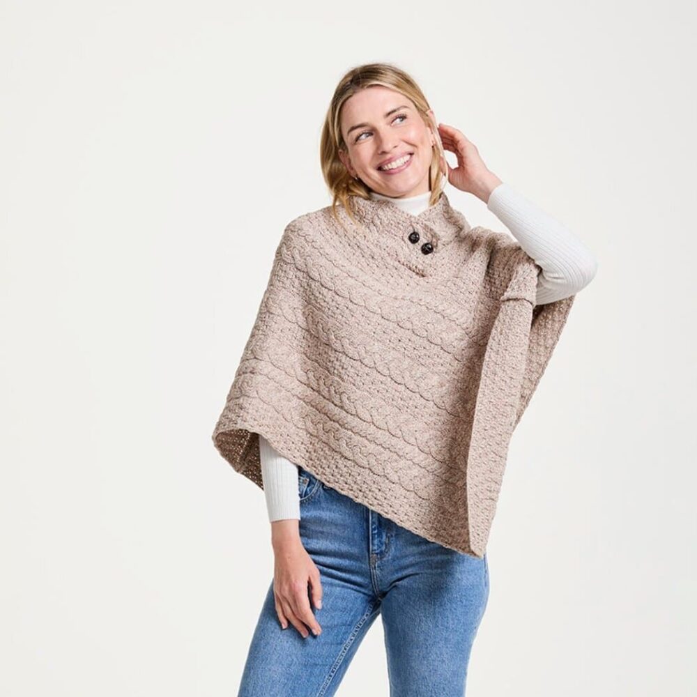 Ladies Cable Knit Poncho With Buttons - Wicker