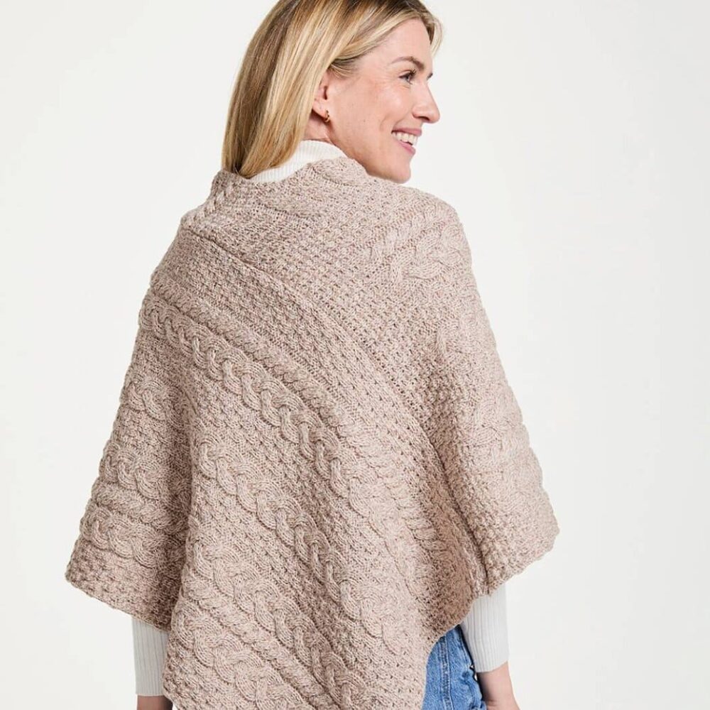 Ladies Cable Knit Poncho With Buttons - Wicker