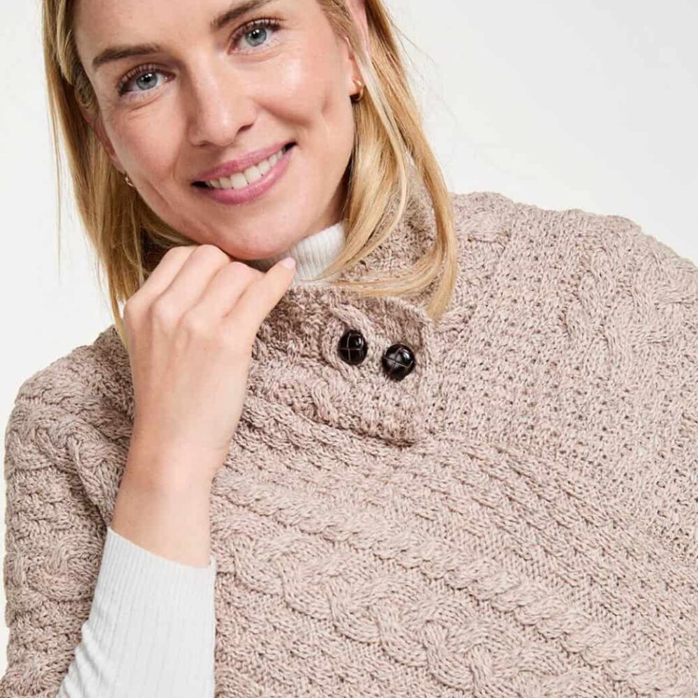 Ladies Cable Knit Poncho With Buttons - Wicker