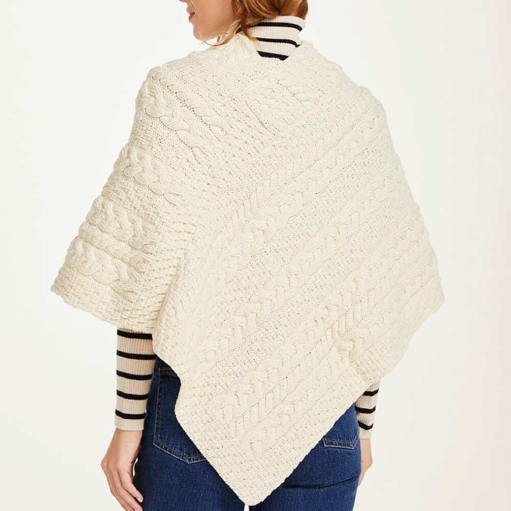 Ladies Cable Knit Poncho With Buttons - Natural