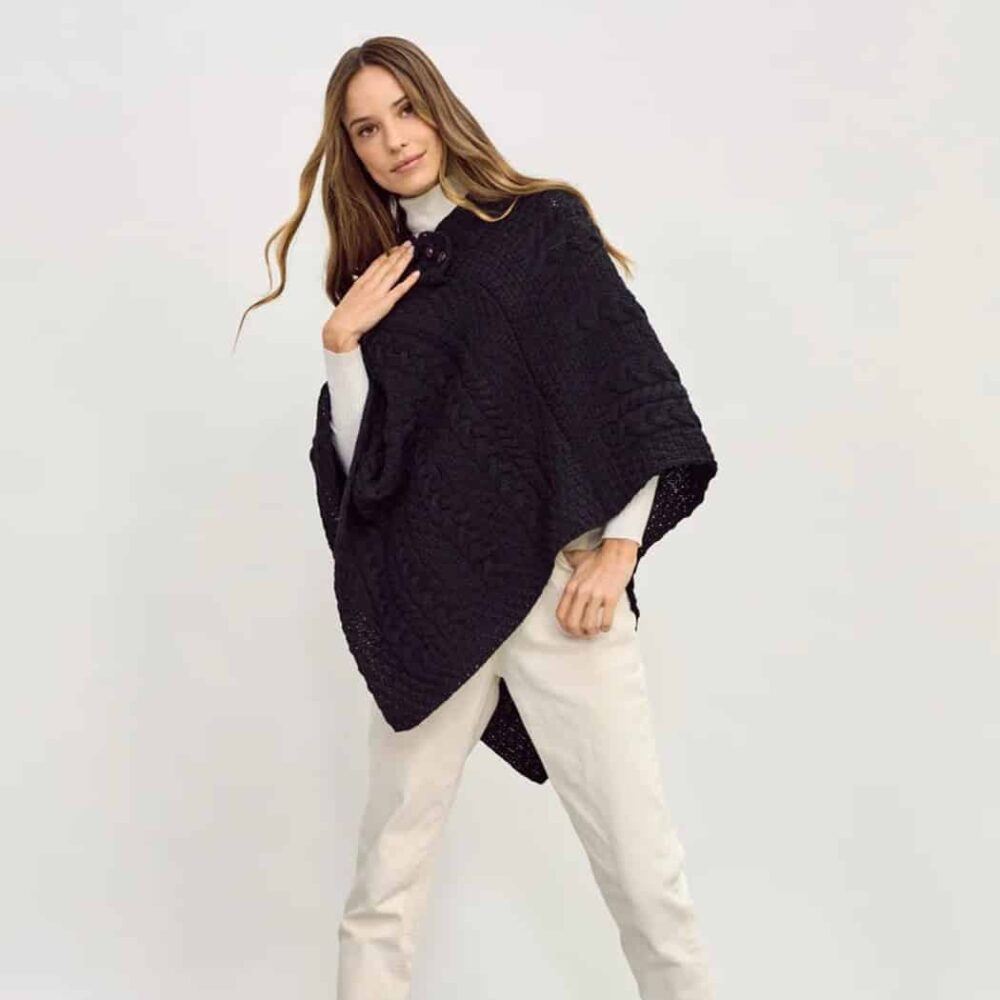 Ladies Cable Knit Poncho With Buttons - Black
