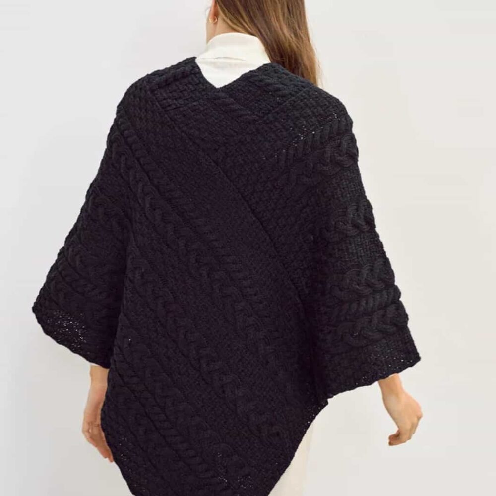 Ladies Cable Knit Poncho With Buttons - Black
