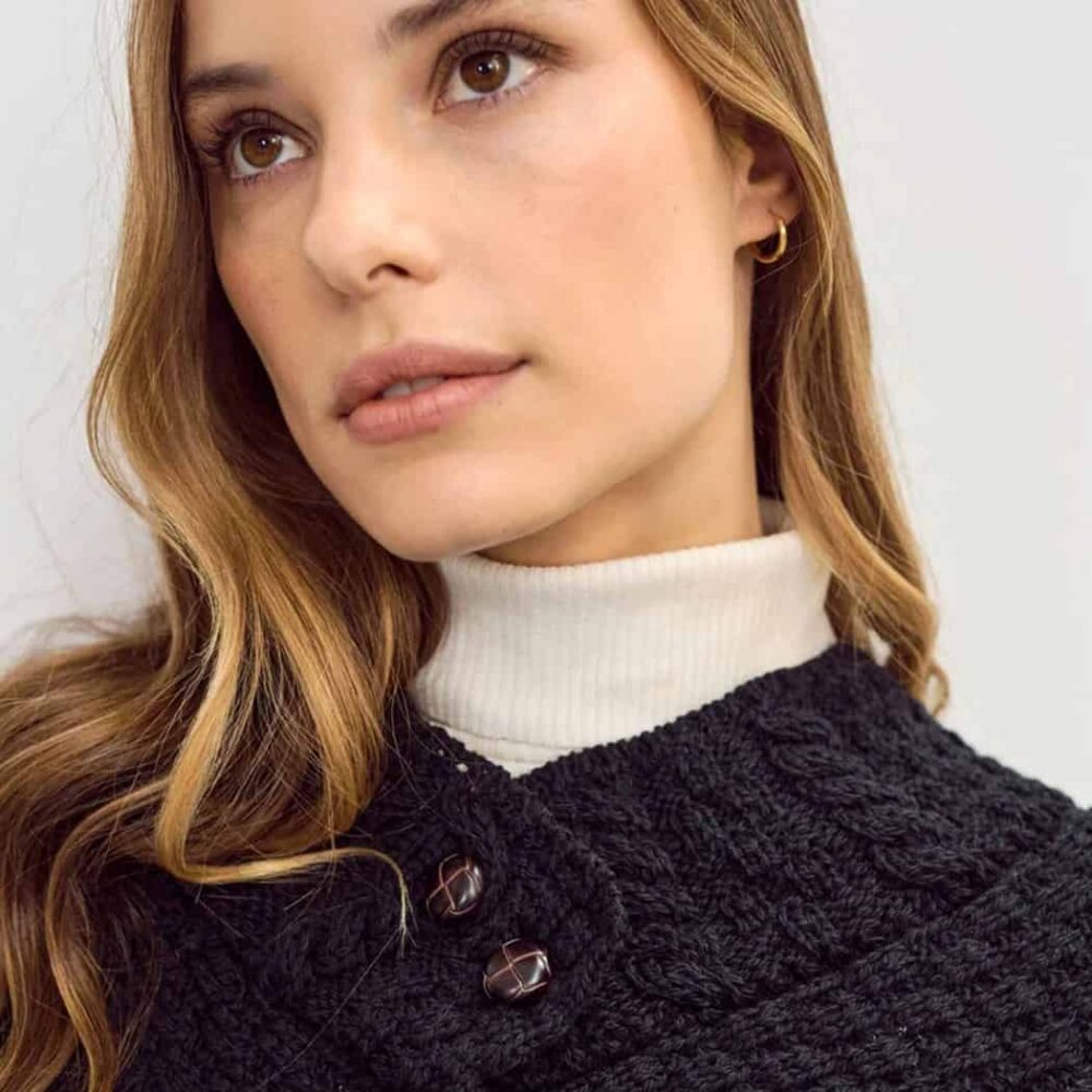 Ladies Cable Knit Poncho With Buttons - Black