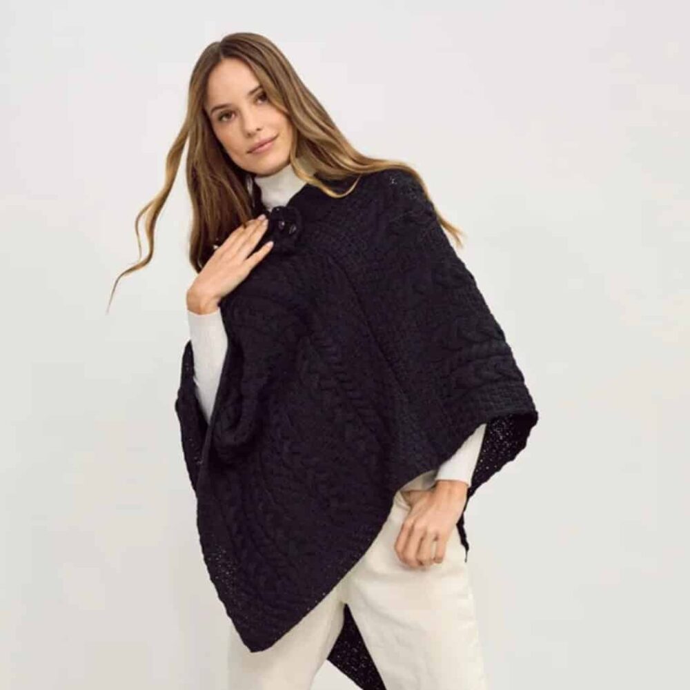 Ladies Cable Knit Poncho With Buttons - Black