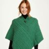 Ladies Cable Knit Poncho With Buttons - Green - Image 2