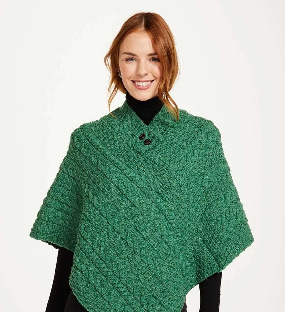 Ladies Cable Knit Poncho With Buttons - Green