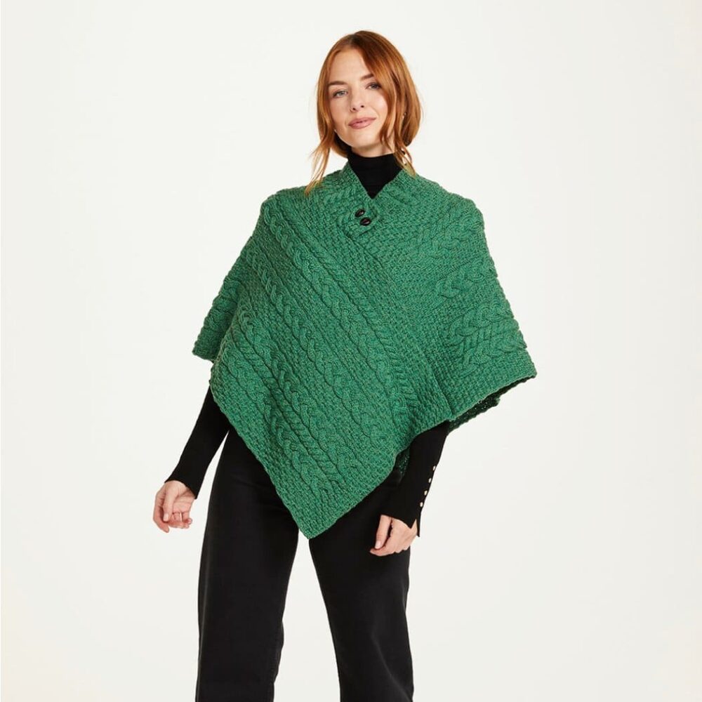 Ladies Cable Knit Poncho With Buttons - Green