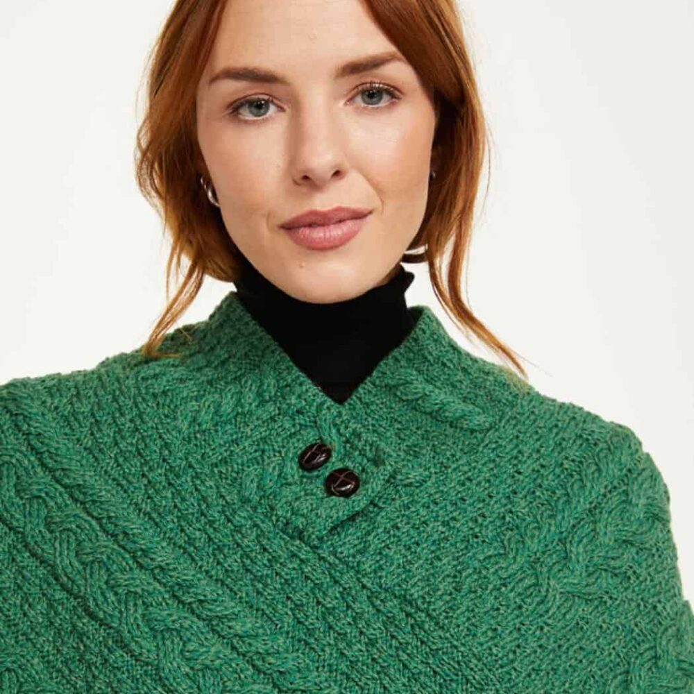 Ladies Cable Knit Poncho With Buttons - Green