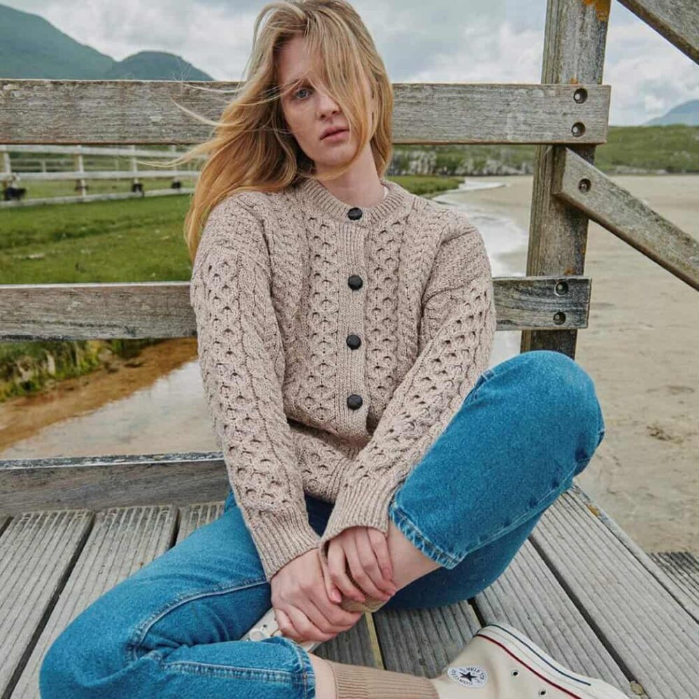 Ladies Irish Wool Button Cardigan - Taupe