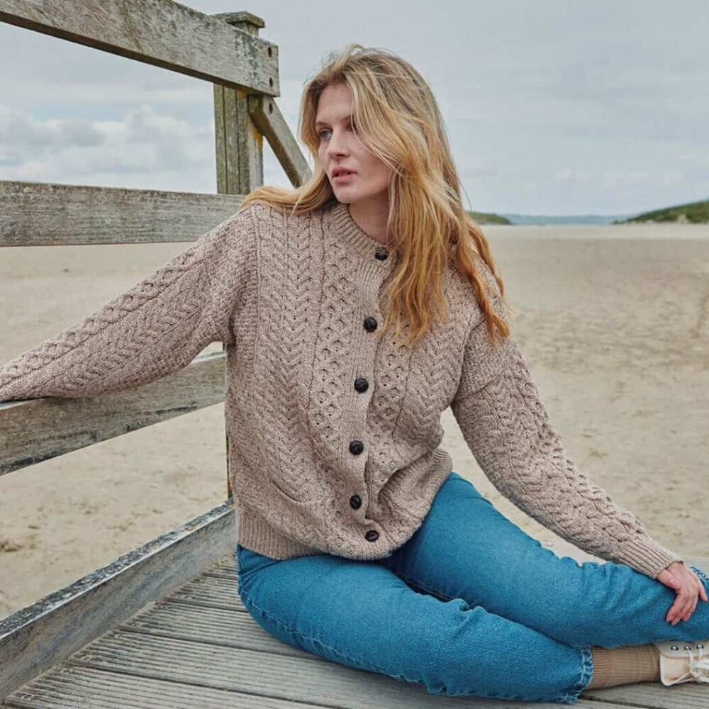 Ladies Irish Wool Button Cardigan - Taupe
