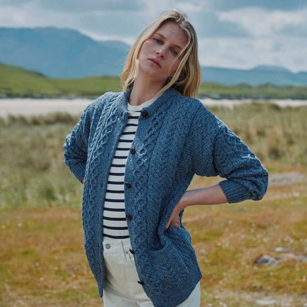 Ladies Irish Wool Cardigan - Marl Blue