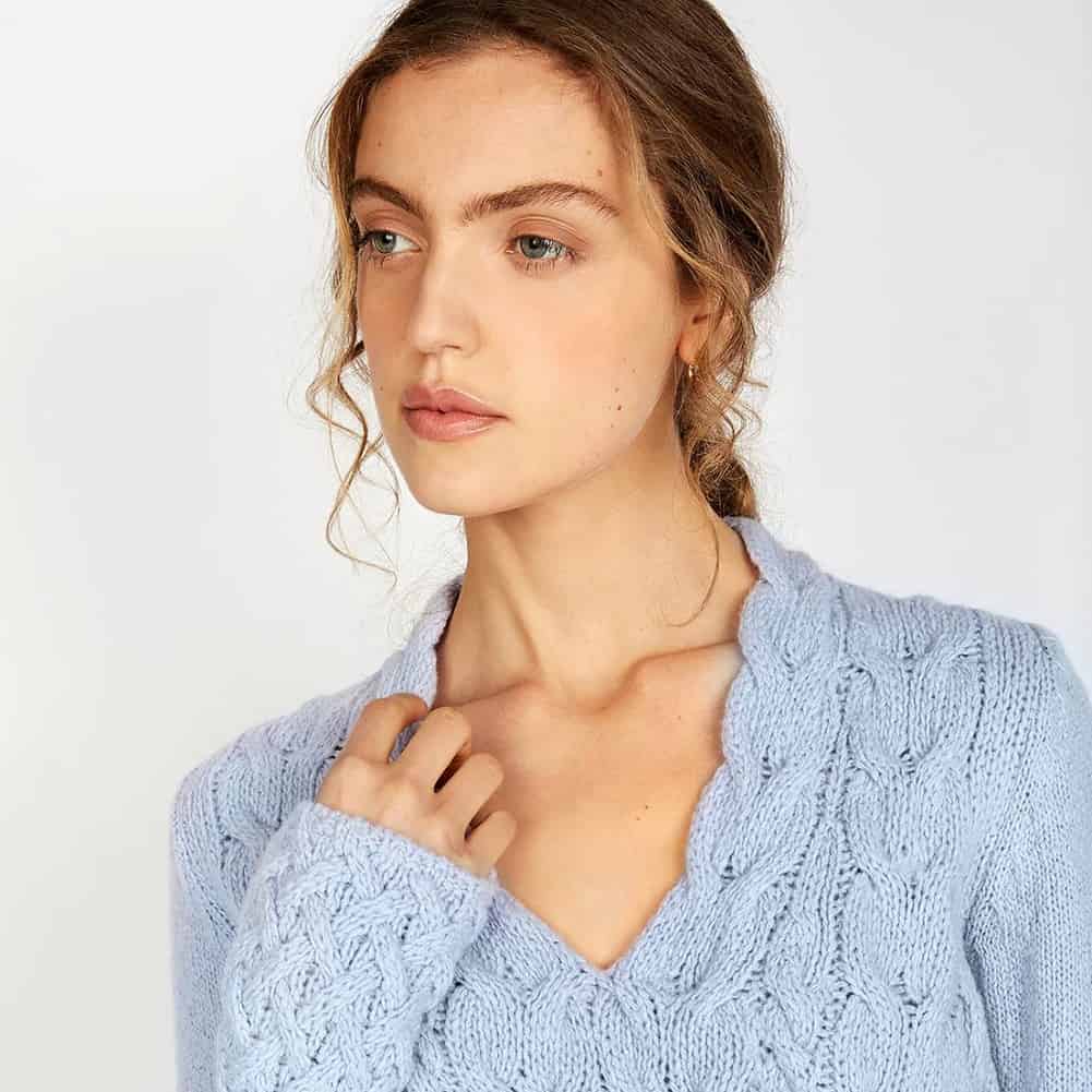 Cable Knit V-Neck Sweater – Blue – Celtic Clothing Company