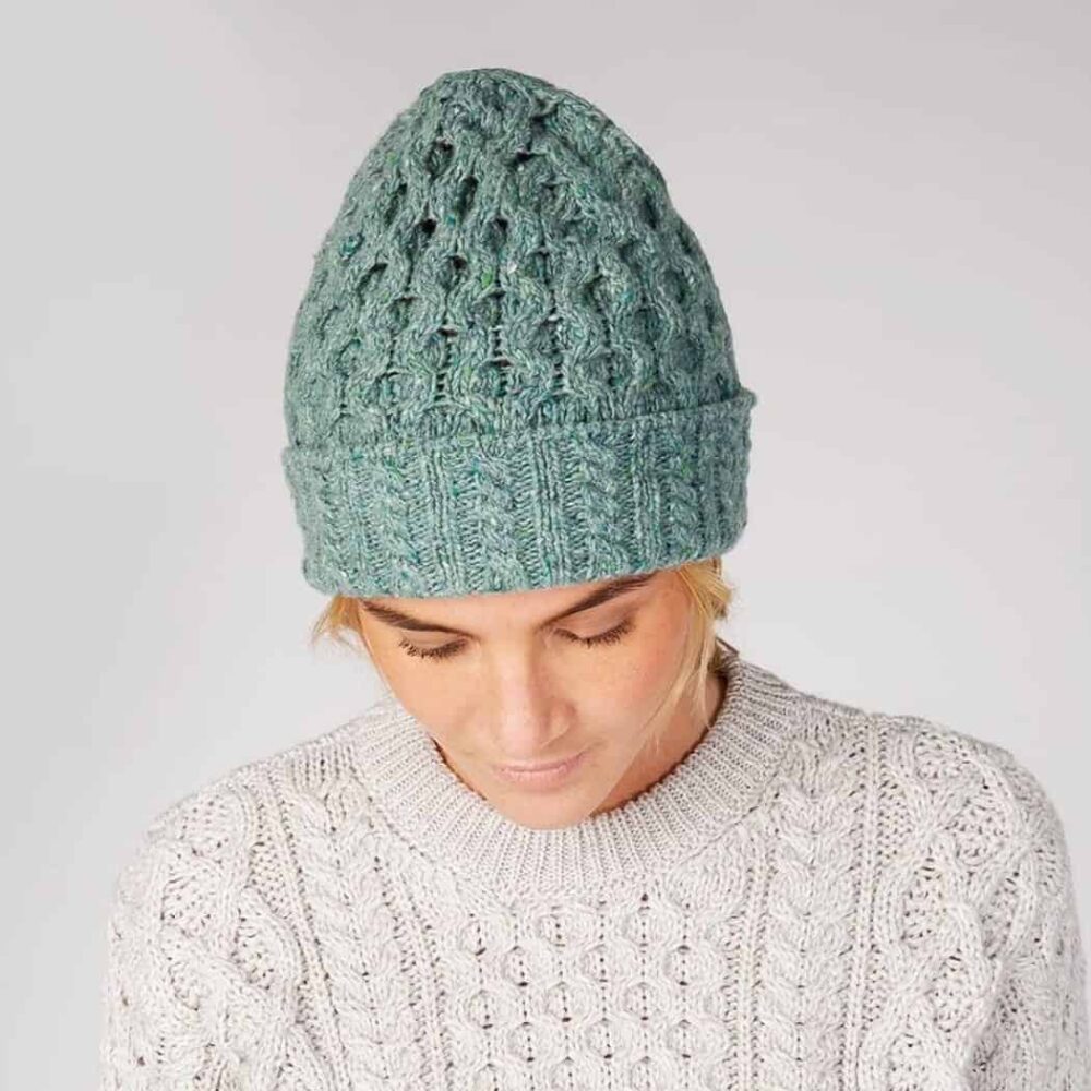 Women’s Irish Aran Wool Knit Hat - Ocean Mist