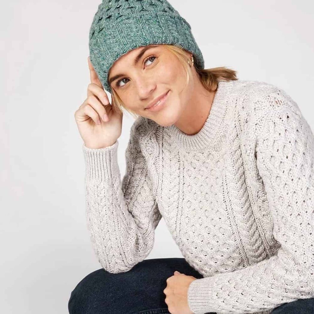 Women’s Irish Aran Wool Knit Hat - Ocean Mist