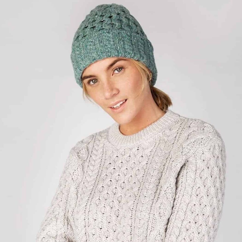 Women’s Irish Aran Wool Knit Hat - Ocean Mist