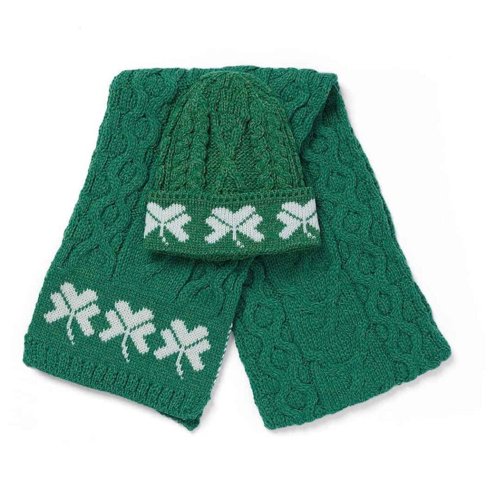 Wool Knit Shamrock Scarf and Hat Set - Green