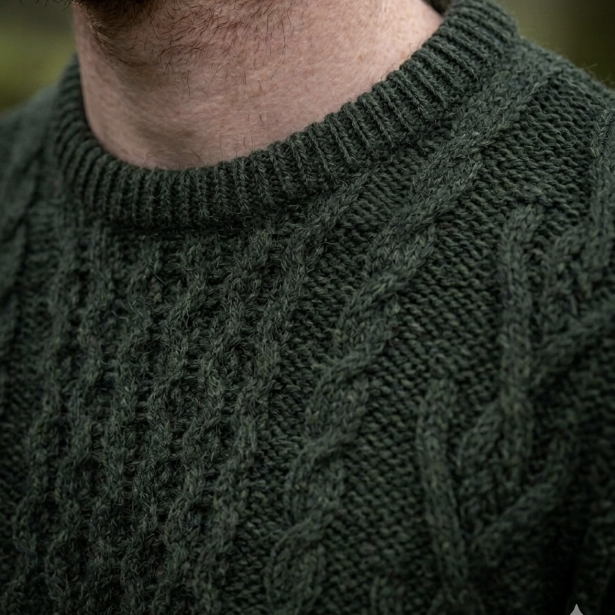 Men's Merino Wool Aran Sweater - Army Green