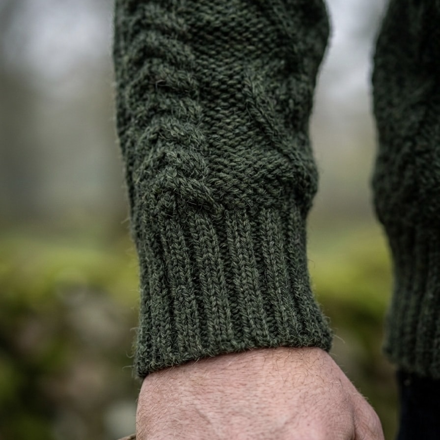 Men's Merino Wool Aran Sweater - Army Green