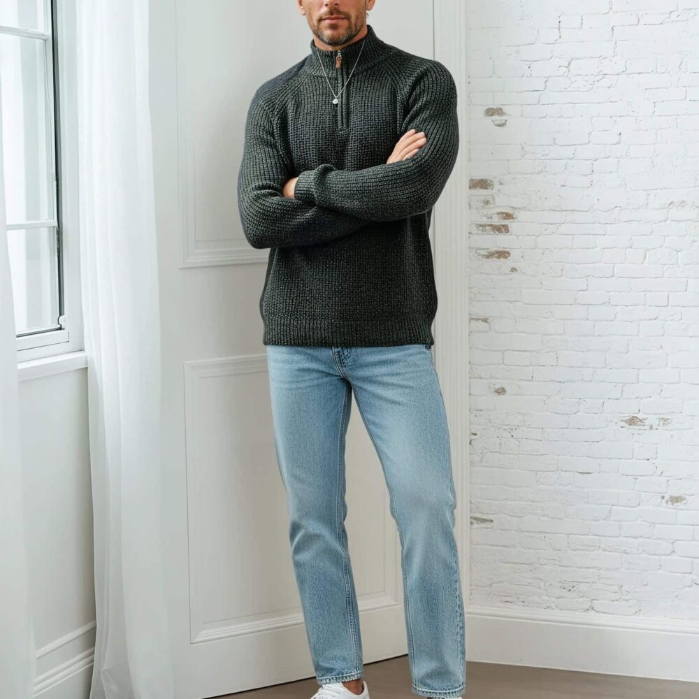 Aranmore Green Zip sweater.