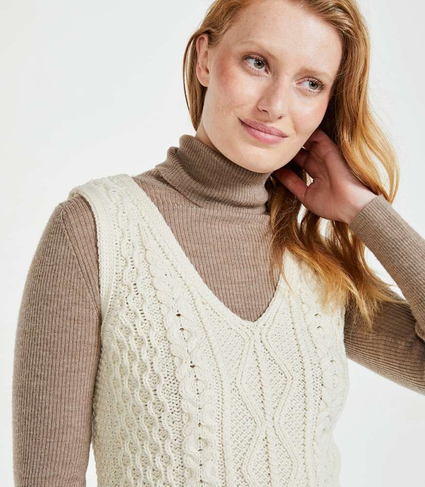 Ladies' Aran V-Neck Sweater Vest - Natural