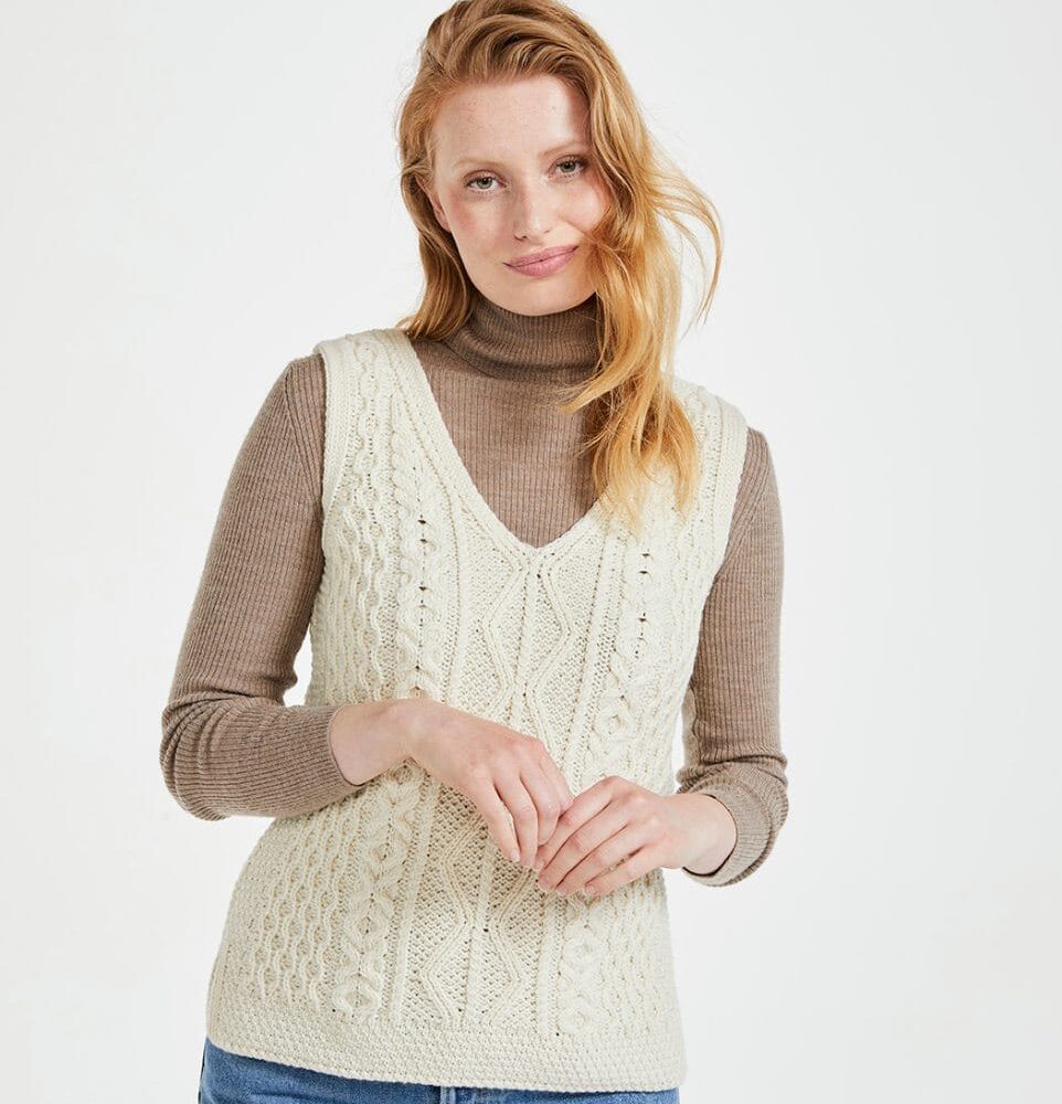 Ladies' Aran V-Neck Sweater Vest - Natural