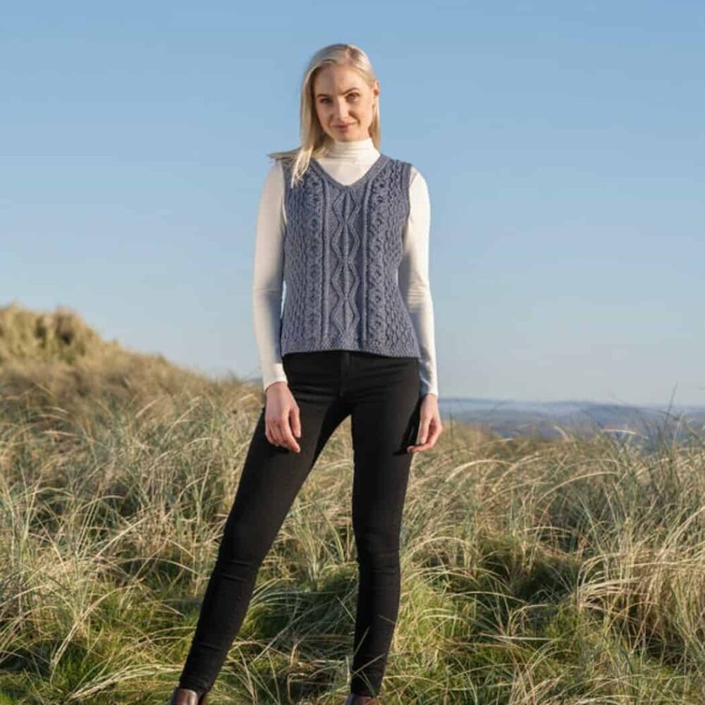 Ladies' Aran V-Neck Sweater Vest - Blue