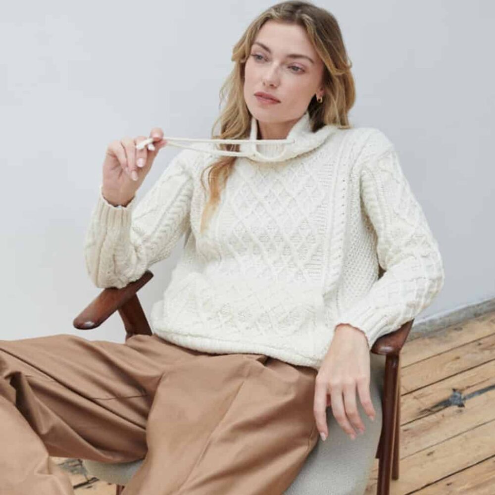 Aran Merino Cowl Neck Sweater - Natural