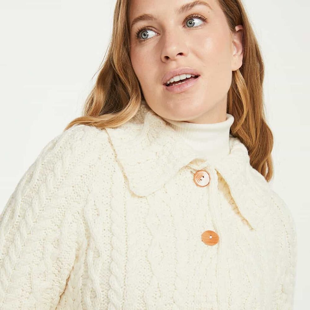 Irish Flared Cardigan with Shawl Collar - Natural