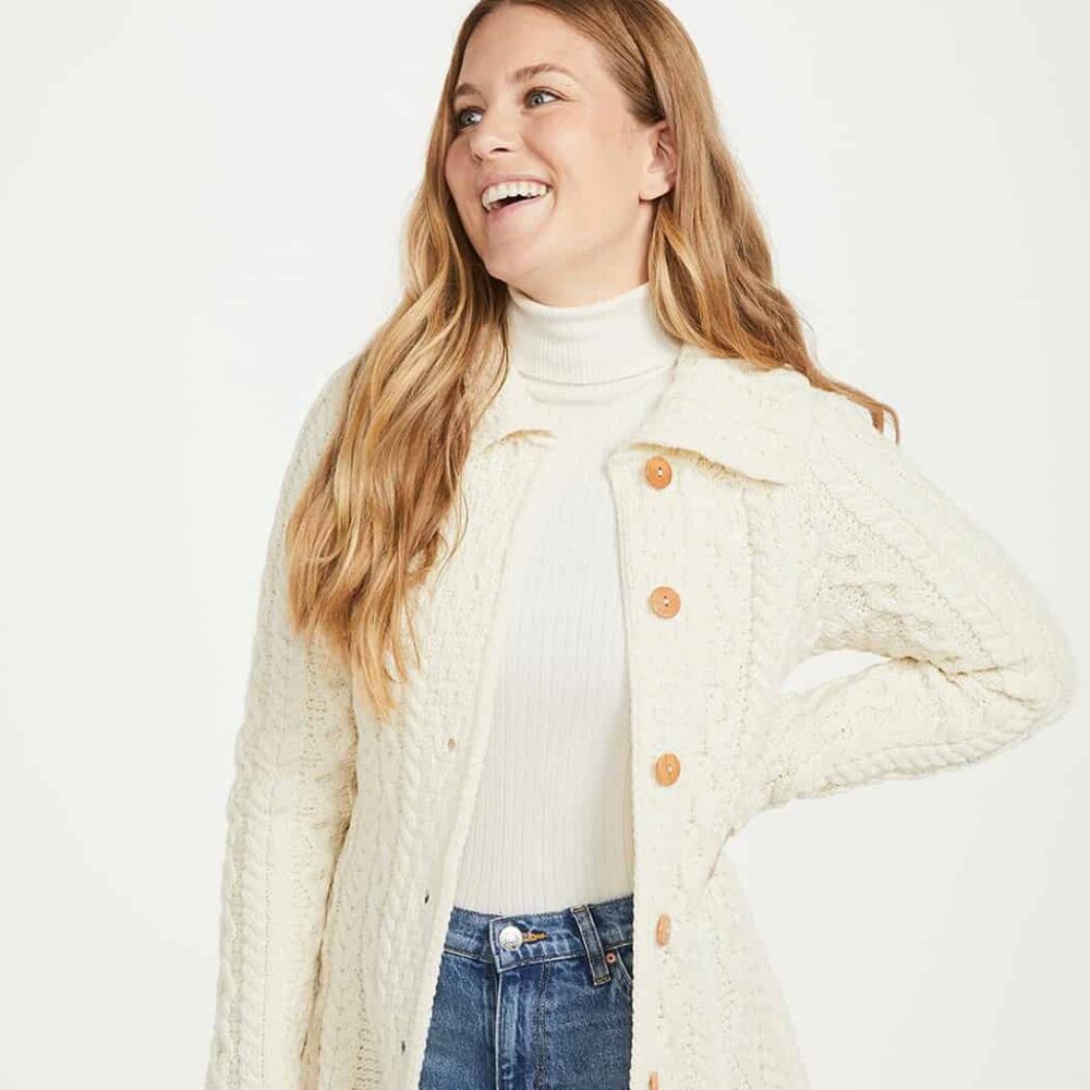 Irish Flared Cardigan with Shawl Collar - Natural
