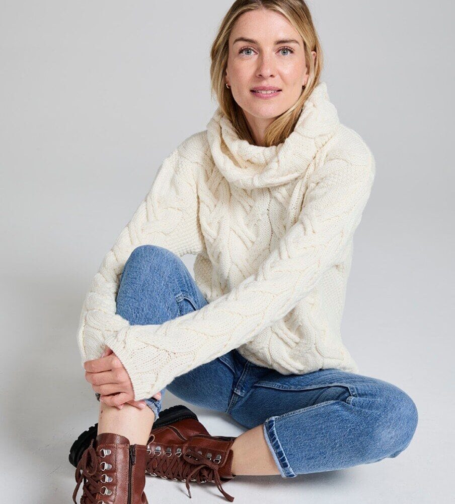 Super Soft Chunky Cable Cowl Neck Sweater - Natural