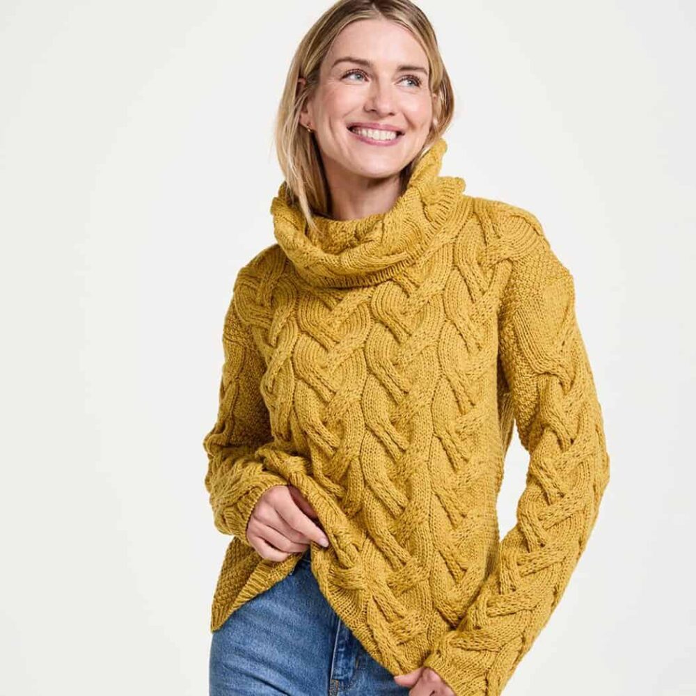 Super Soft Chunky Cable Cowl Neck Sweater - Yellow