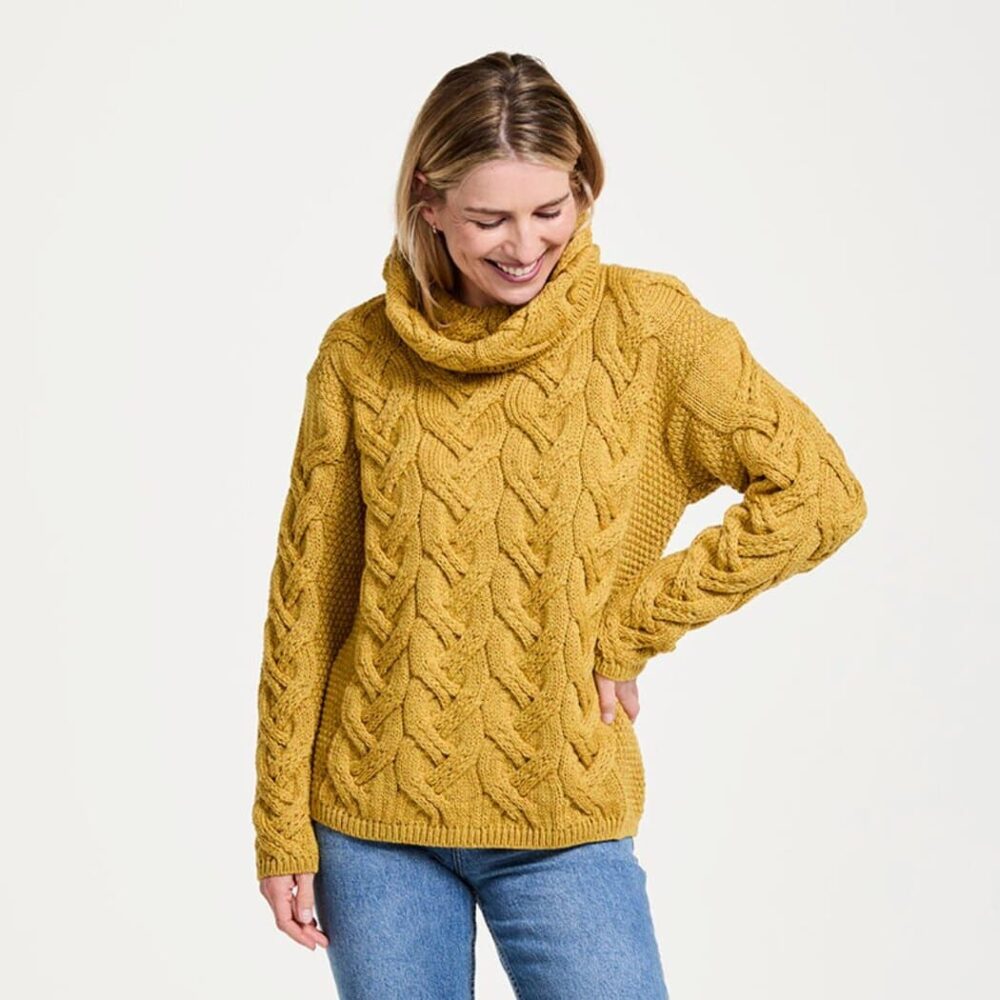 Super Soft Chunky Cable Cowl Neck Sweater - Yellow