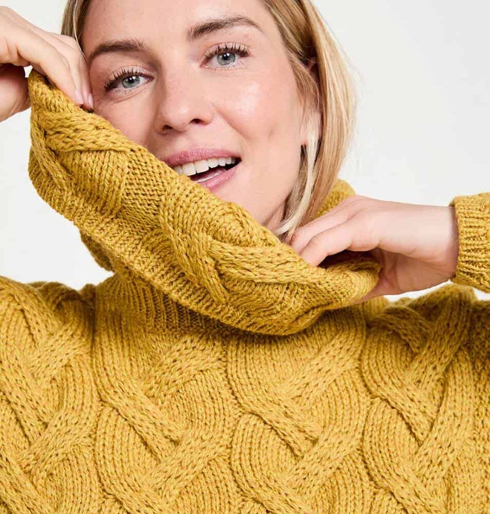 Super Soft Chunky Cable Cowl Neck Sweater - Yellow