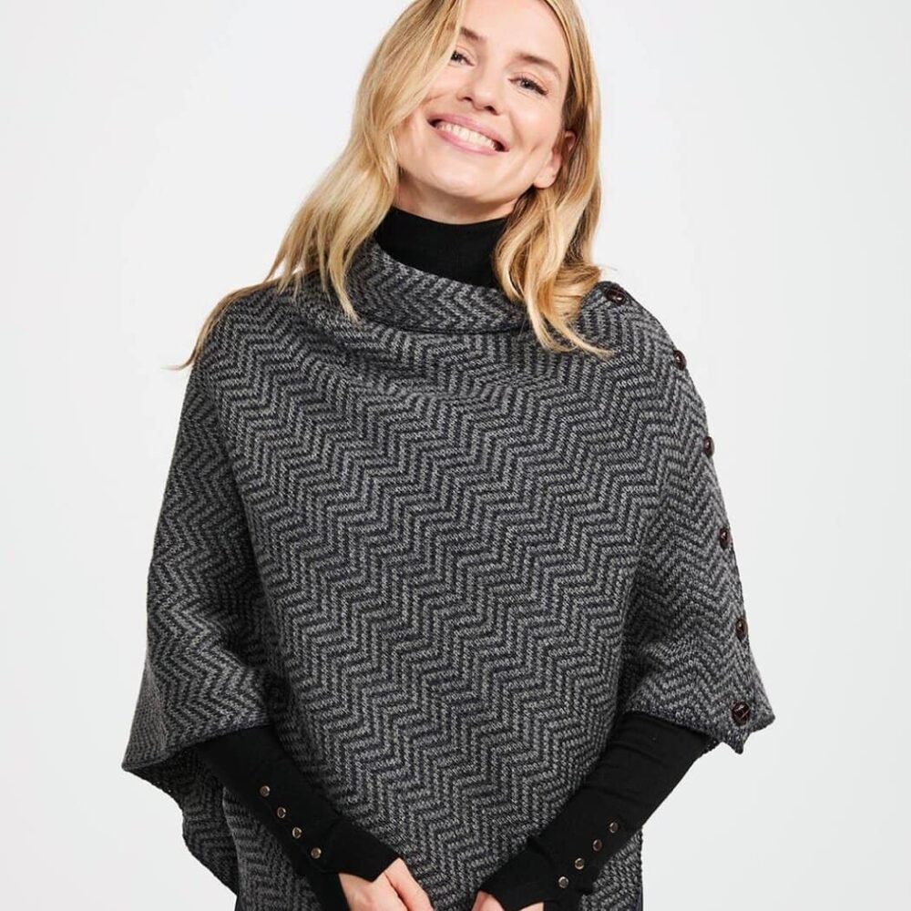 Women's Irish Wool Poncho - Black, White Herringbone