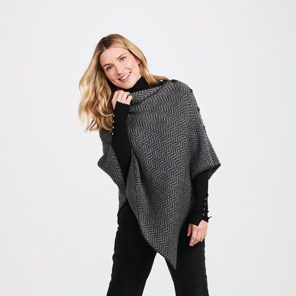 Women's Irish Wool Poncho - Black, White Herringbone