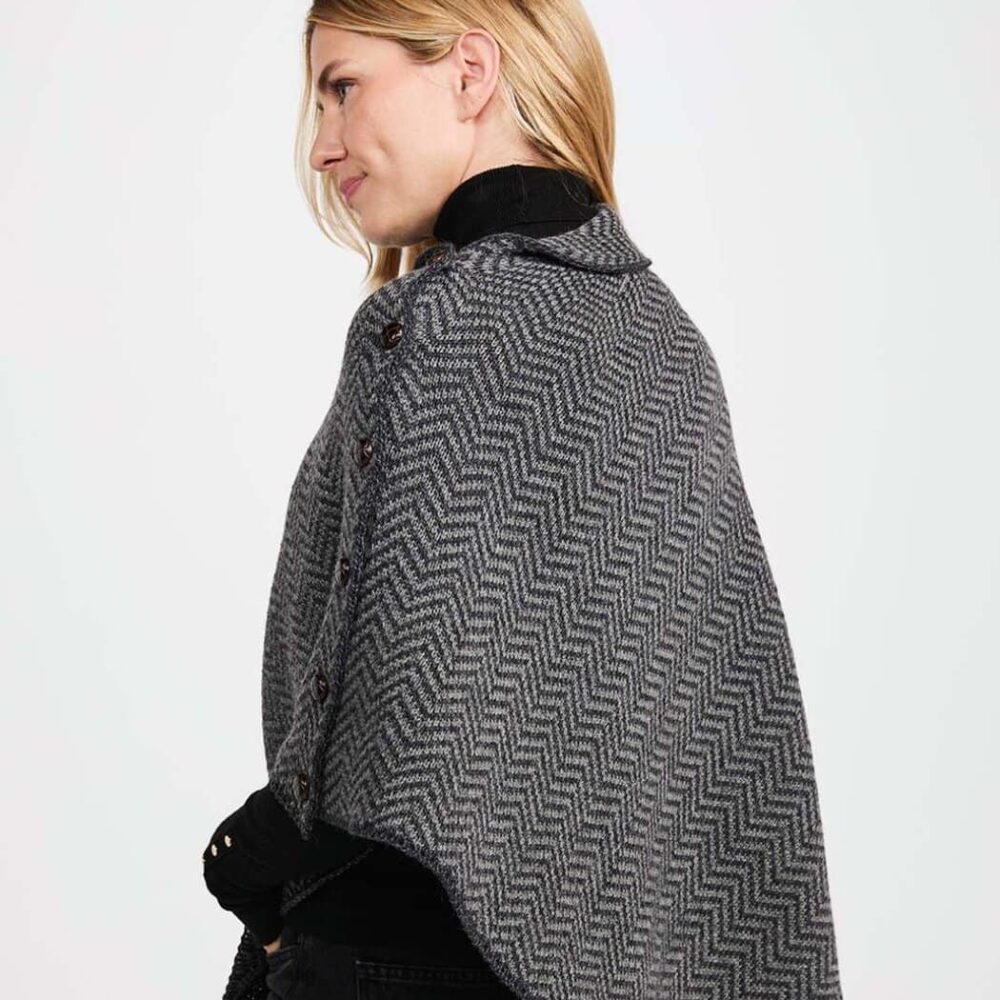 Women's Irish Wool Poncho - Black, White Herringbone