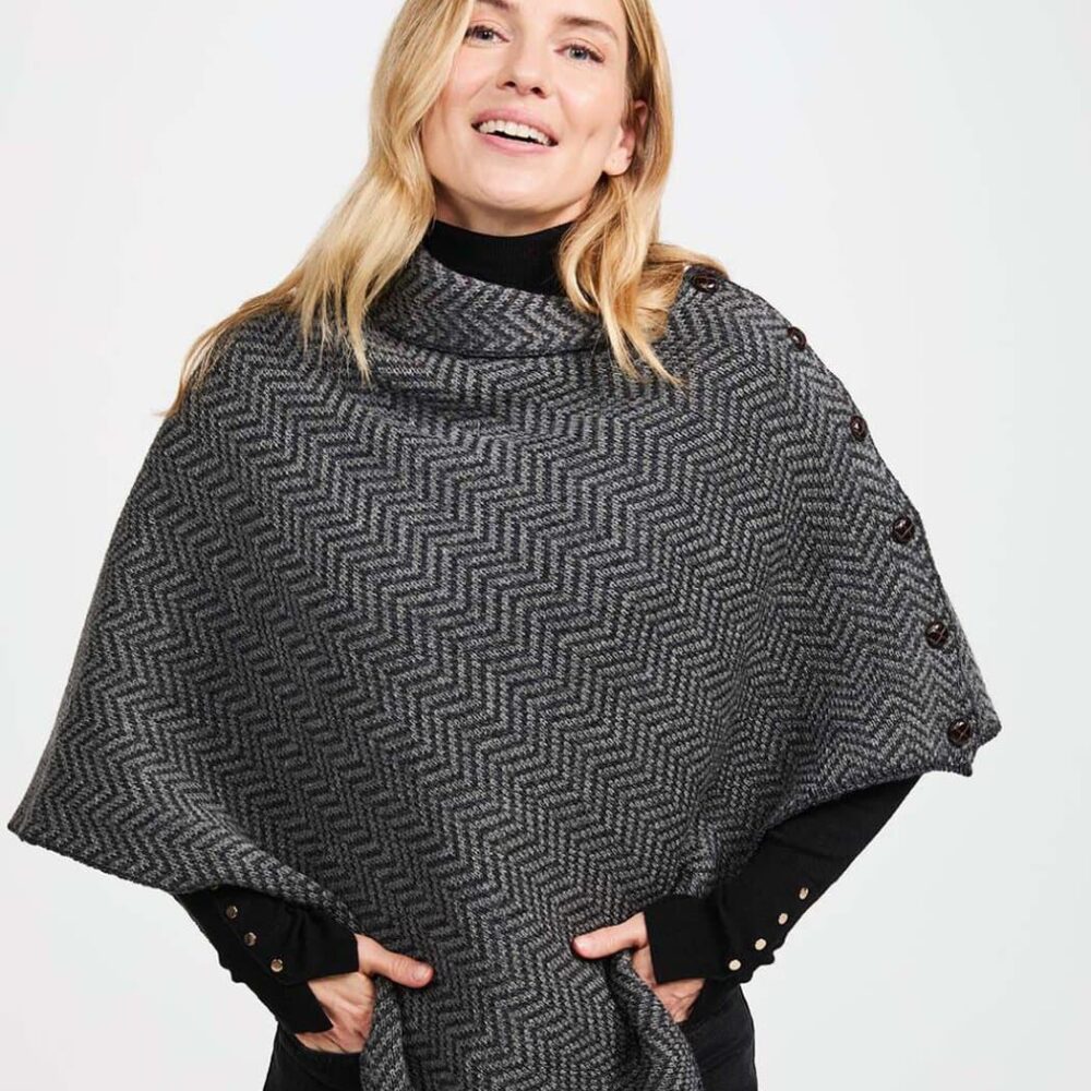 Women's Irish Wool Poncho - Black, White Herringbone