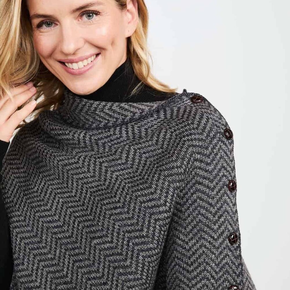 Women's Irish Wool Poncho - Black, White Herringbone