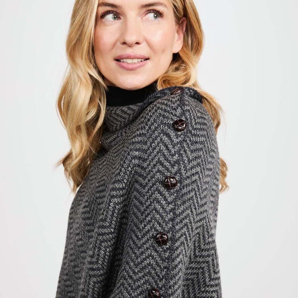 Women's Irish Wool Poncho - Black, White Herringbone