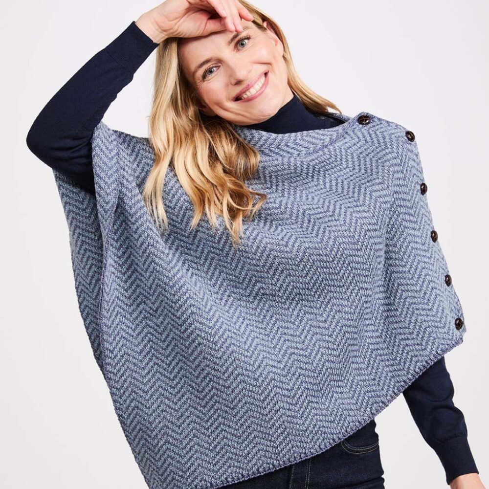 Women's Irish Wool Poncho - Blue Herringbone