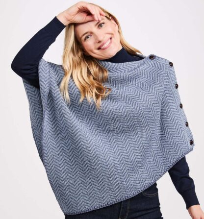 Women's Irish Wool Poncho - Blue Herringbone - Image 2