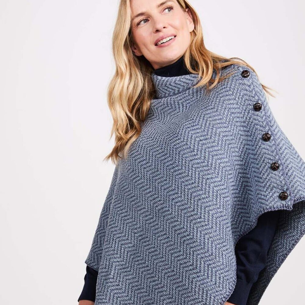 Women's Irish Wool Poncho - Blue Herringbone