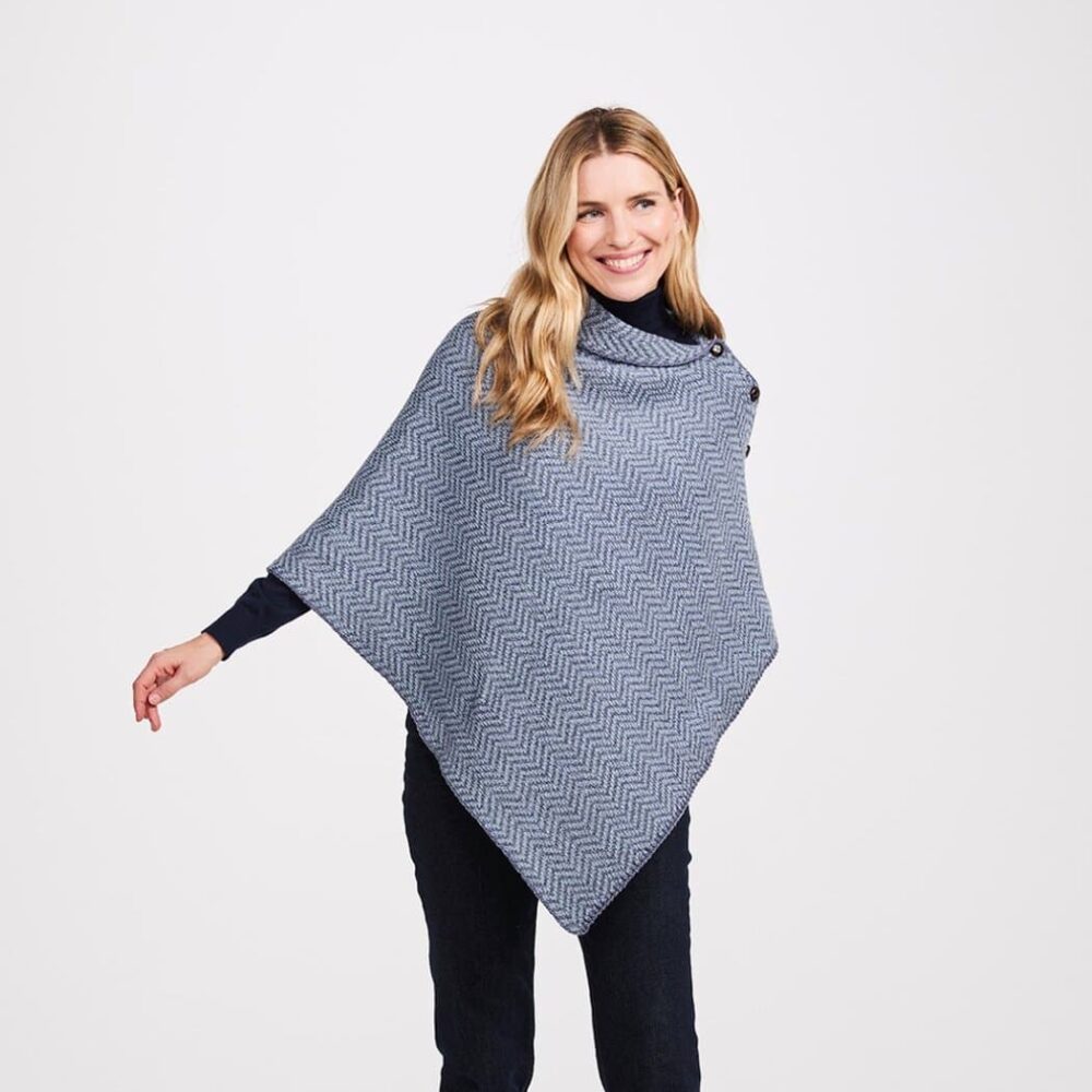 Women's Irish Wool Poncho - Blue Herringbone
